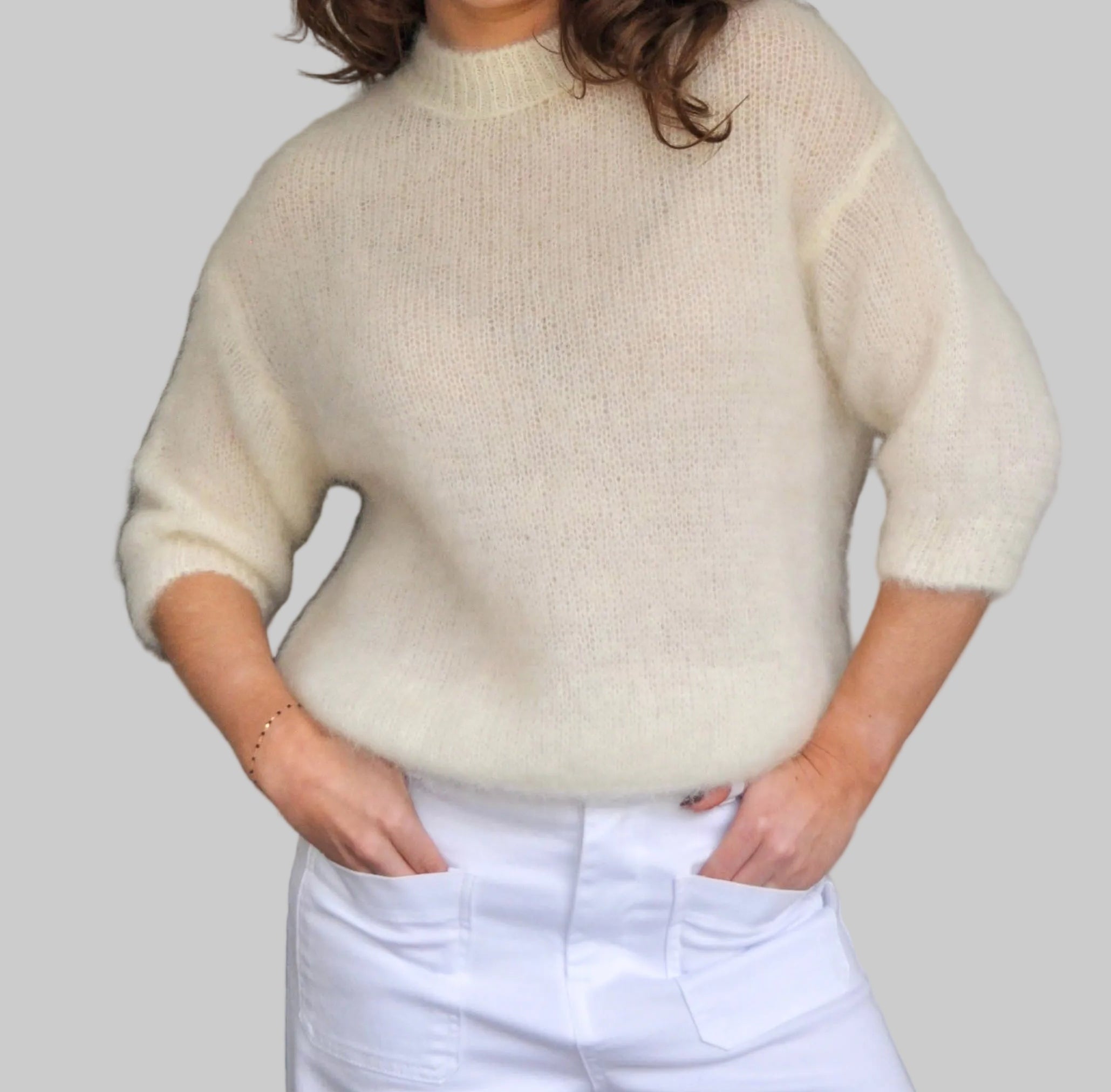 Pull kid mohair jaune pâle à manches courtes