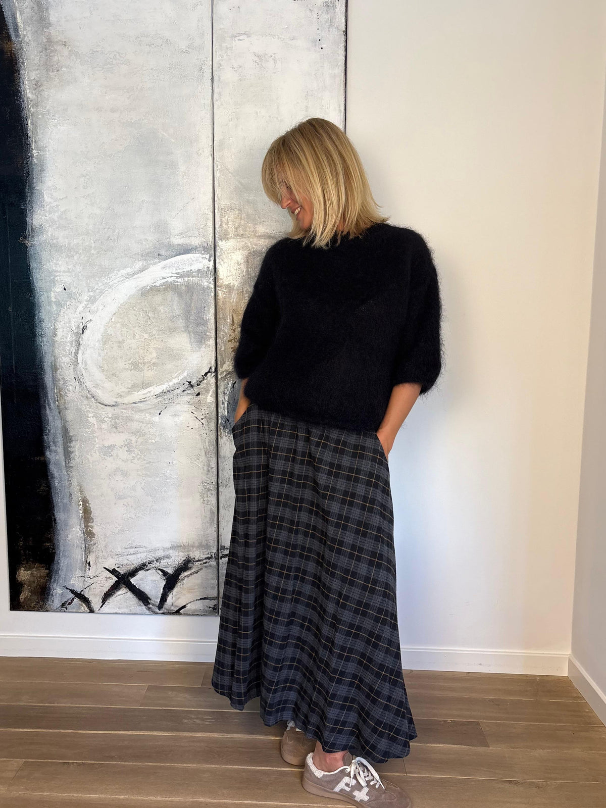 Jupe longue à carreaux en coton – Noir & Gris